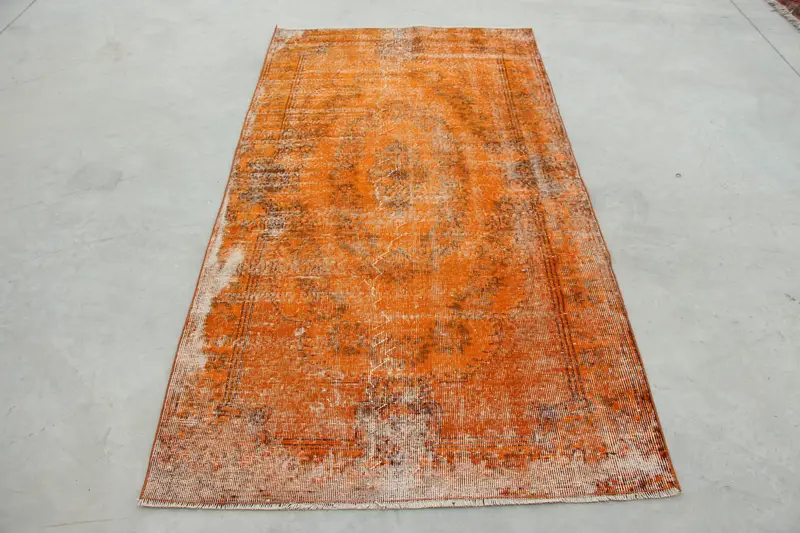 Turkish Vintage Oushak Area Rug 3.8x7.3 ft, Orange Southwestern Rug Wool - 1