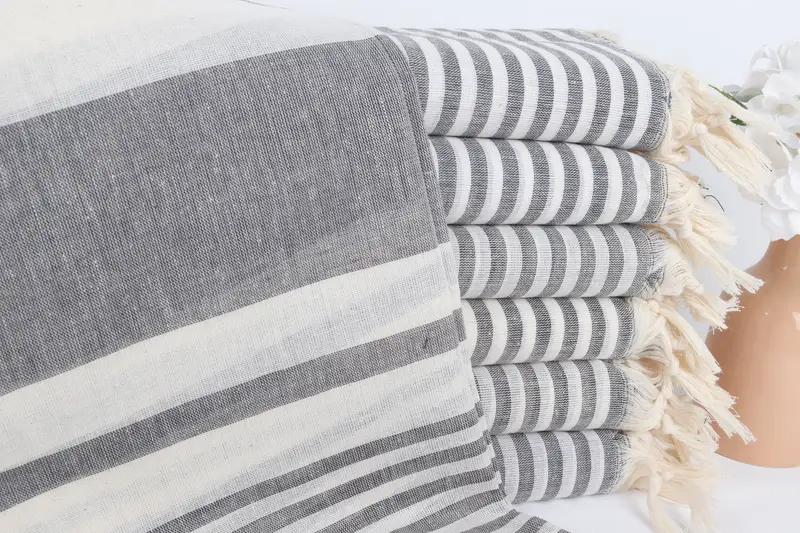 Kişiye Özel Türk Plaj Havlusu Monogramlı Koyu Gri Çizgili, 40x71 İnç