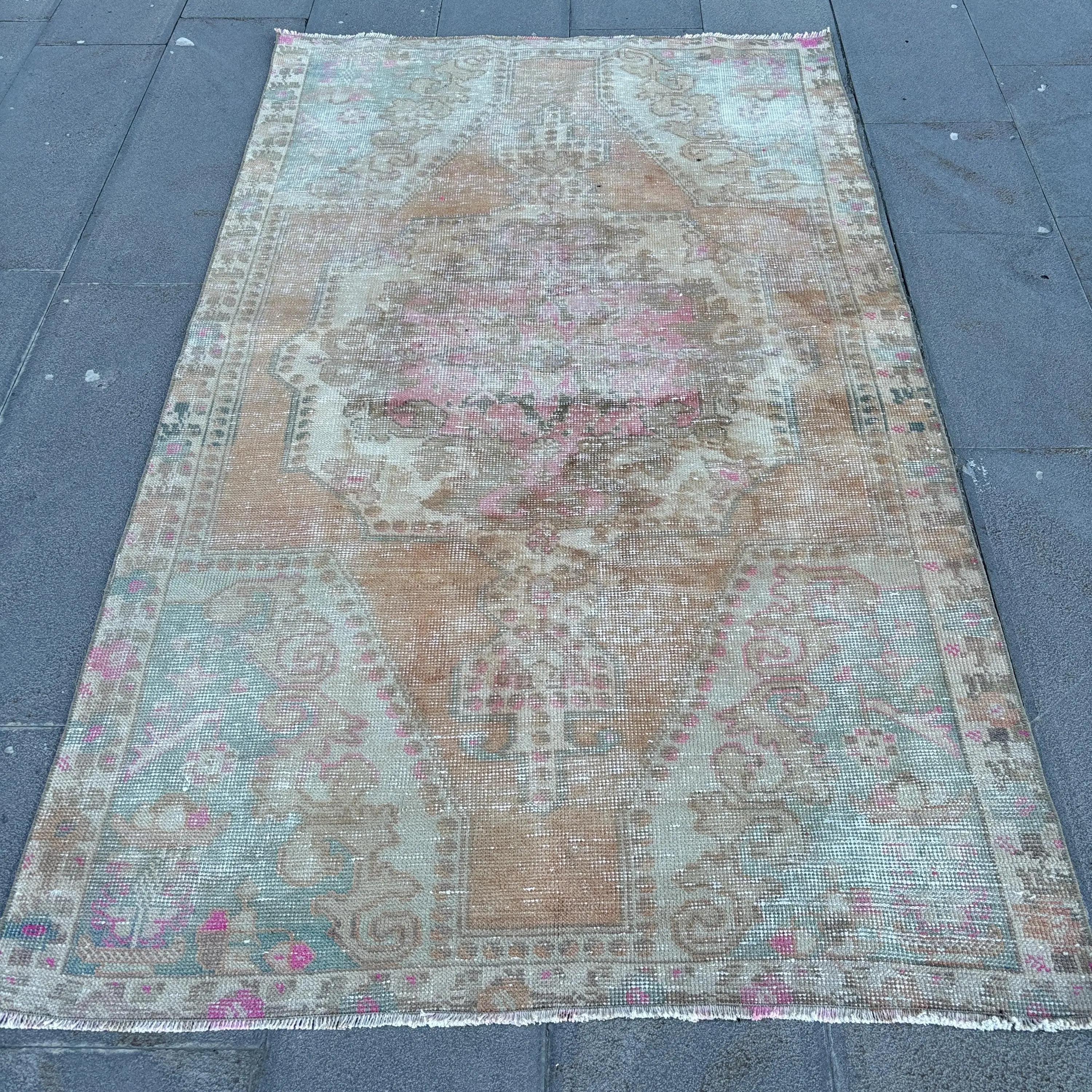 Turkish 4.1x7 ft Rug, Area Vintage Rug, Brown Ikat Wool Rug - 1