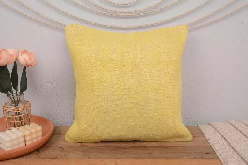Boho Pillow Sham Cover, Turkish Kilim Pillow, 18x18 Yellow Pillow Cover, Handmade Throw Pillow Case, Cushion, Kilim Pillow Cover - 2