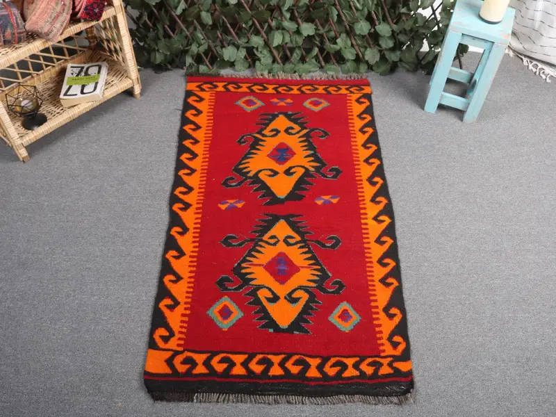 2.2x4 ft Red Floral Rug, Vibrant Orange Paisley Accents