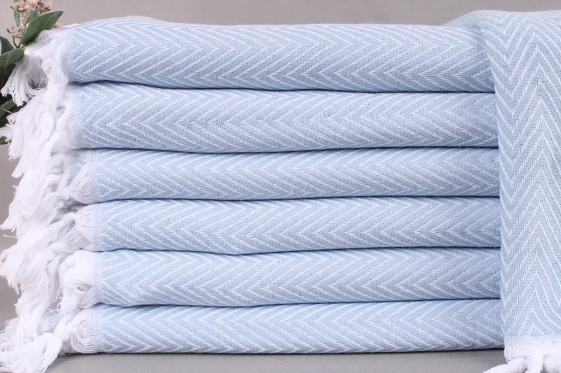 Turkish Blanket Baby Blue Chevron, Beige, Organic Turkish Cotton, 79x95 Inches