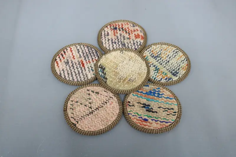 Bohemian Blue and Beige Round Coaster, Unique Kilim Coaster