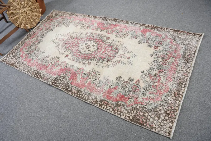 Vintage Türk Alan Halısı 3.6x7 ft, Kırmızı Kahverengi Kareli Halı - 1