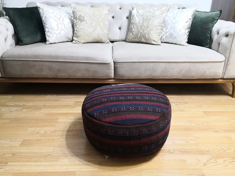 Dikdörtgen Kilimden Esinlenen Puf, El Yapımı Yün Osmanlı Puf