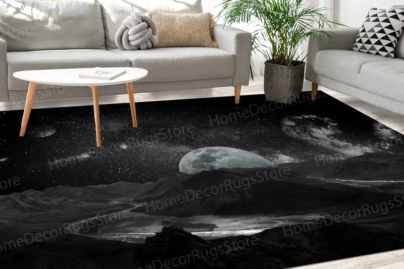 Celestial Nightscape Printed Rug: Full Moon & Galaxy Design