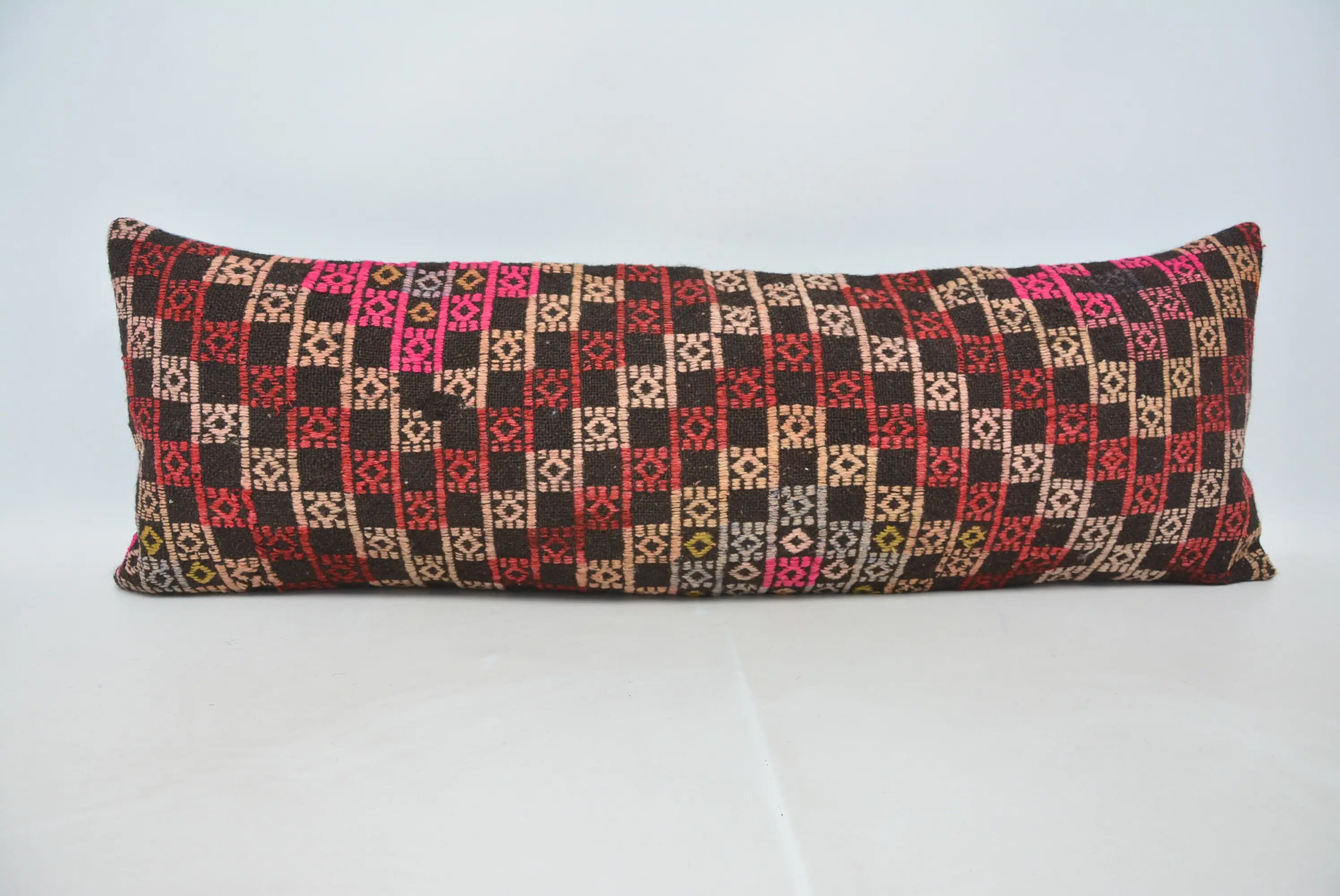 Red & Pink Embroidered Throw Pillow, Handmade Hemp & Wool Cushion - 1