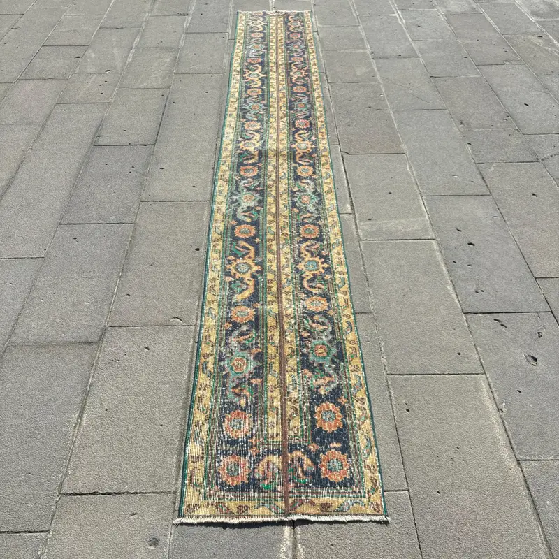 Turkish Vintage Rug 1.7x12.3 ft (53x374 cm), Oushak Blue Wool Rug - 1
