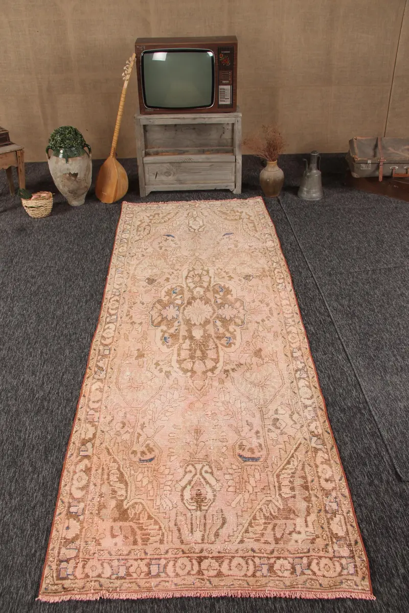 Turkish 3.5x10 ft Rug, Runner Vintage Rug, Brown Camouflage Wool Rug - 1