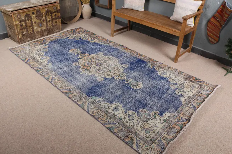 ブルー & ベージュ ラグ、4.3x8.4 フィート、幾何学模様のストライプ