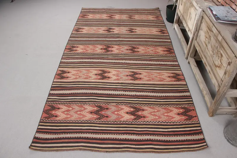 Orange & Brown Check Rug, 4,3x8,5 ft