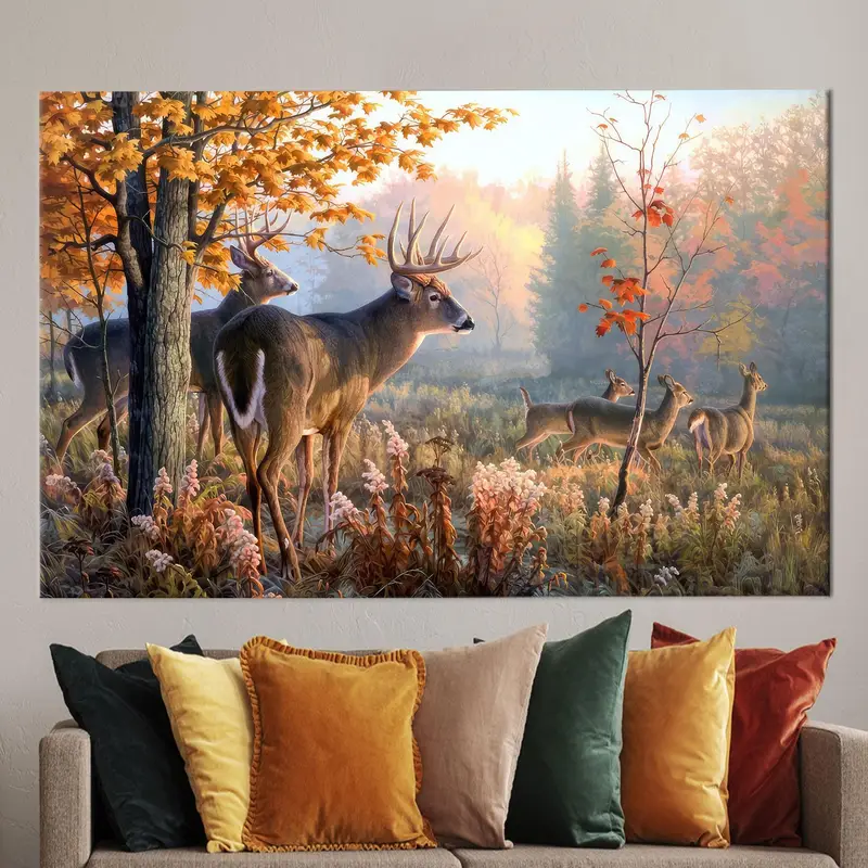 エレガントな鹿の家族のキャンバス: 森の農家の装飾プリント