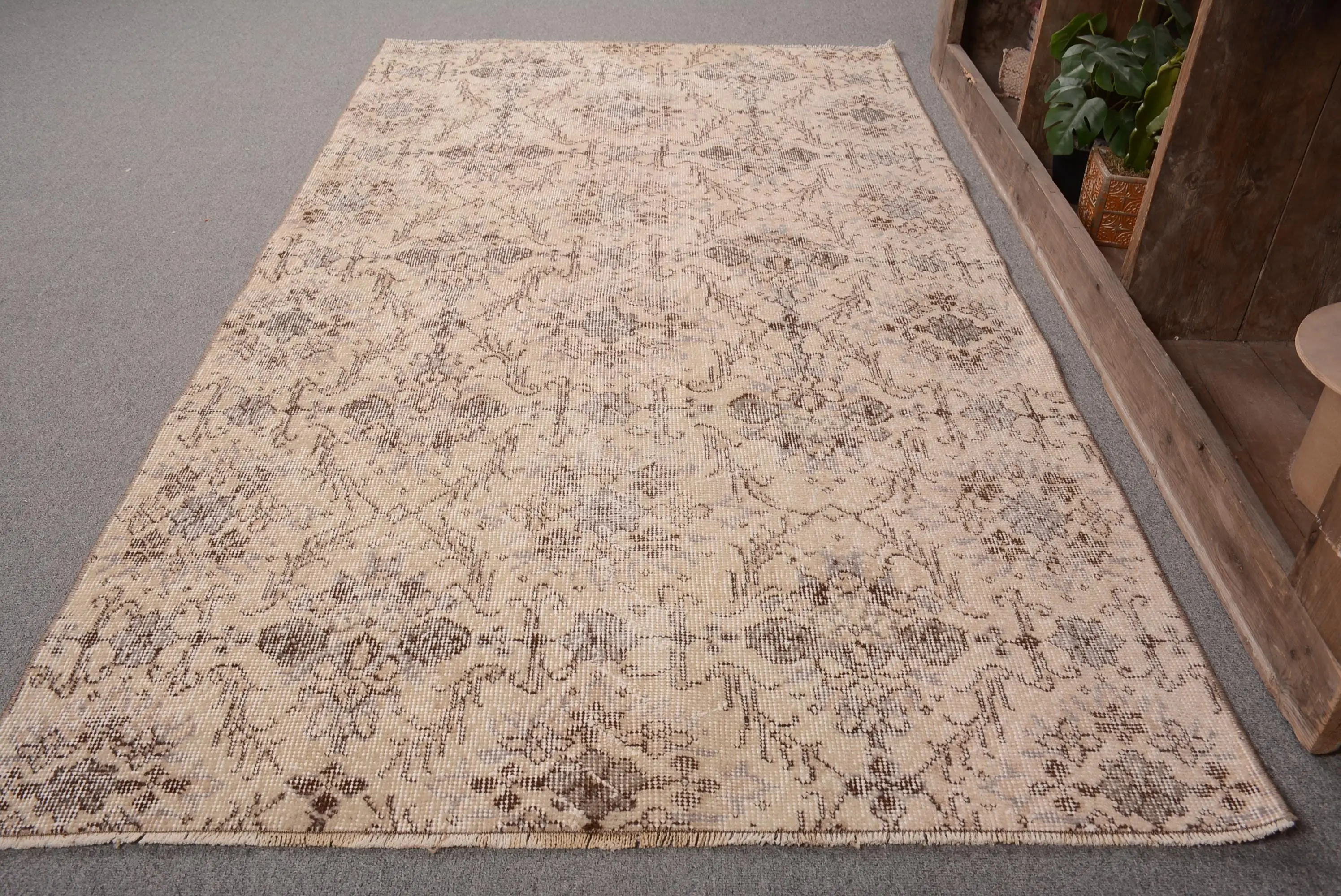 Türk Halısı, 3.6x6.6 ft Vintage Halı, Kahverengi Gri Çiçekli Yün Halı - 1