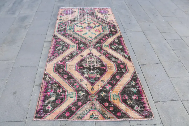 3.5x7.6 ft Turkish Area Rug, Vintage Black Striped Rug - 1