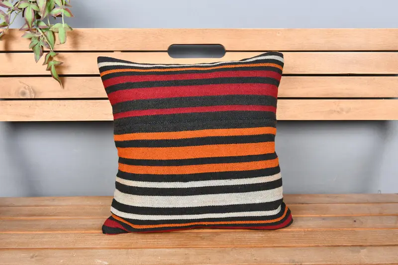 Customized Pillow, 18x18 Orange Pillow Case, Bed Cushion Case, Ikat Cushion Cover, Vintage Kilim Pillow, Kilim Cushion Sham, Cushion, Boho Pillow - 6