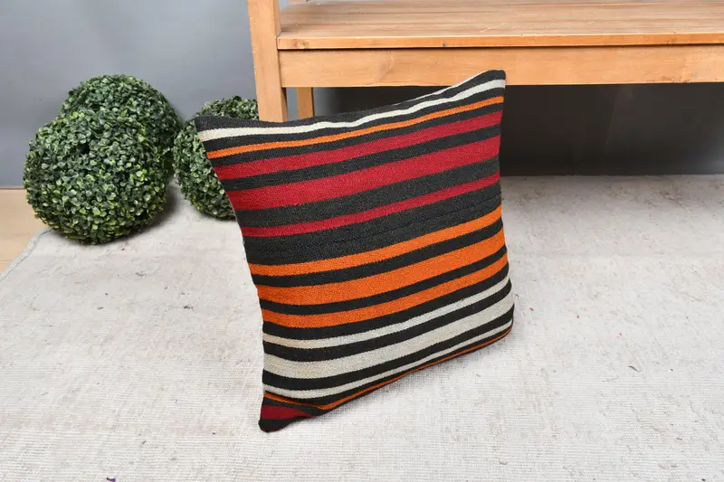 Customized Pillow, 18x18 Orange Pillow Case, Bed Cushion Case, Ikat Cushion Cover, Vintage Kilim Pillow, Kilim Cushion Sham, Cushion, Boho Pillow - 7
