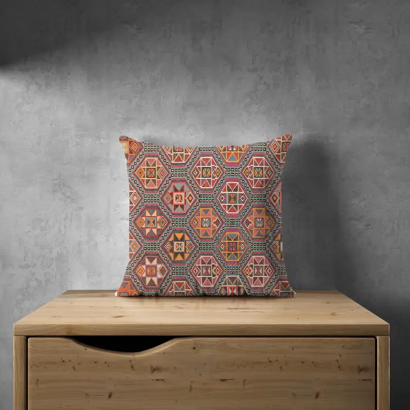 Grau & Orange besticktes Wurfkissen, Vintage Kissen mit Reißverschluss