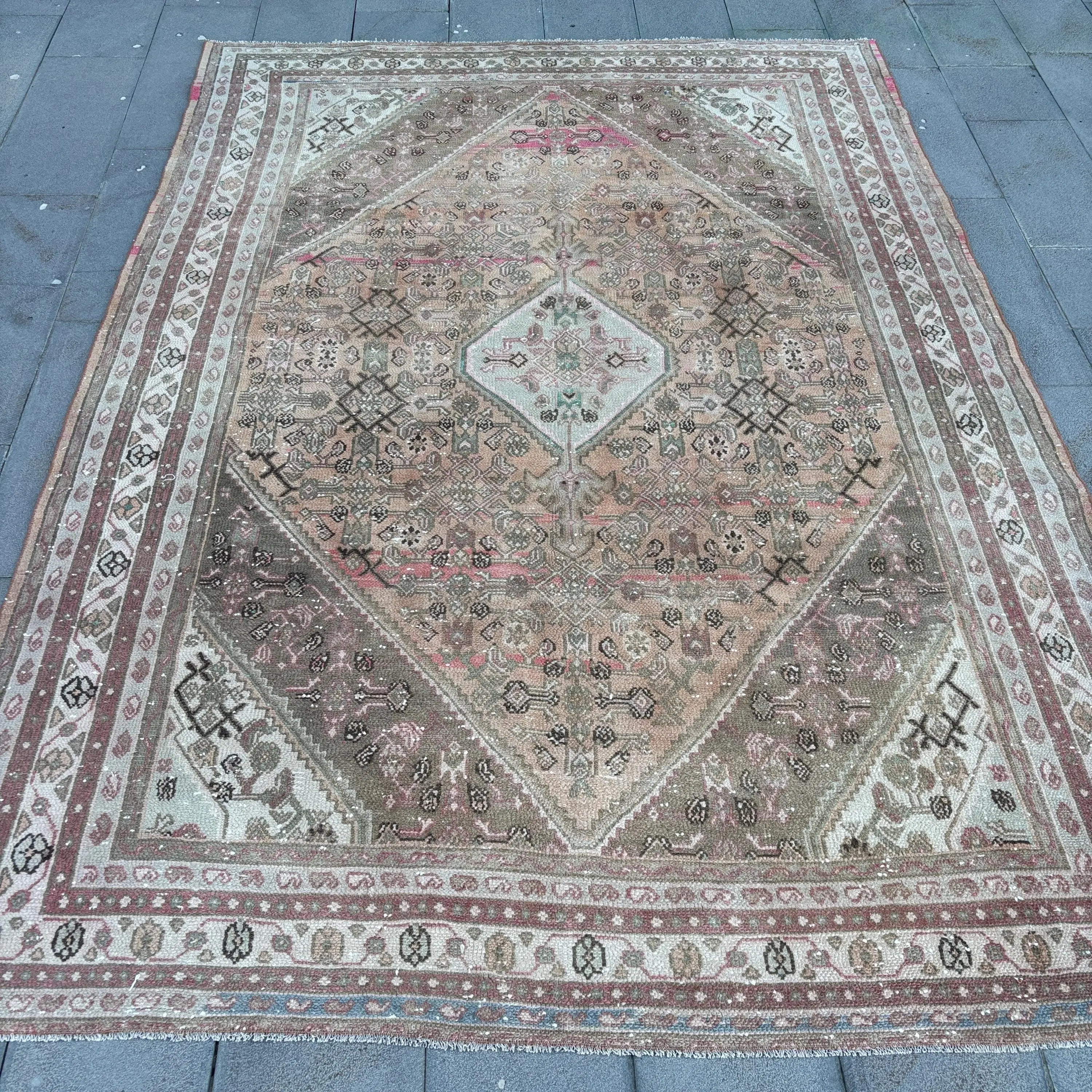Turkish Vintage Rug, 7.3x9.7 ft Oversize Rug, Brown Red Camouflage Wool Rug - 1