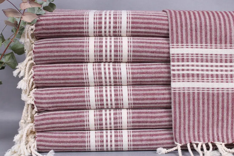 Turkish Hand Towel Burgundy Striped, Beige Secondary, 18x40 Inches