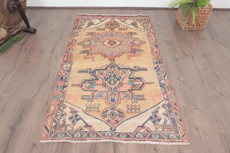 Vintage Türk Halısı, 3.4x6.3 ft Accent Halı, Mavi Oushak Ombré Halı - 1