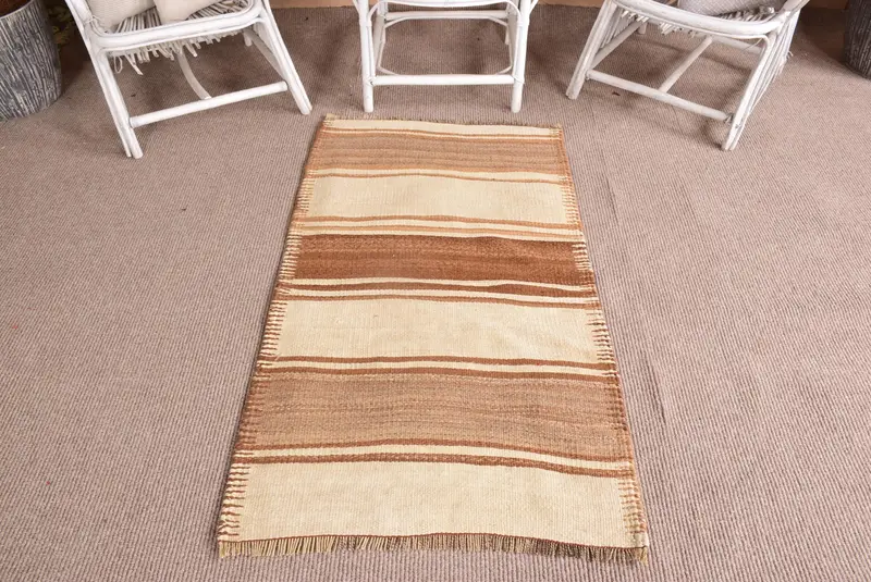 Vintage Büyük Boy Halı 2.6x4.6 ft, Türk Kilim Kahverengi Kareli Yün Halı - 1