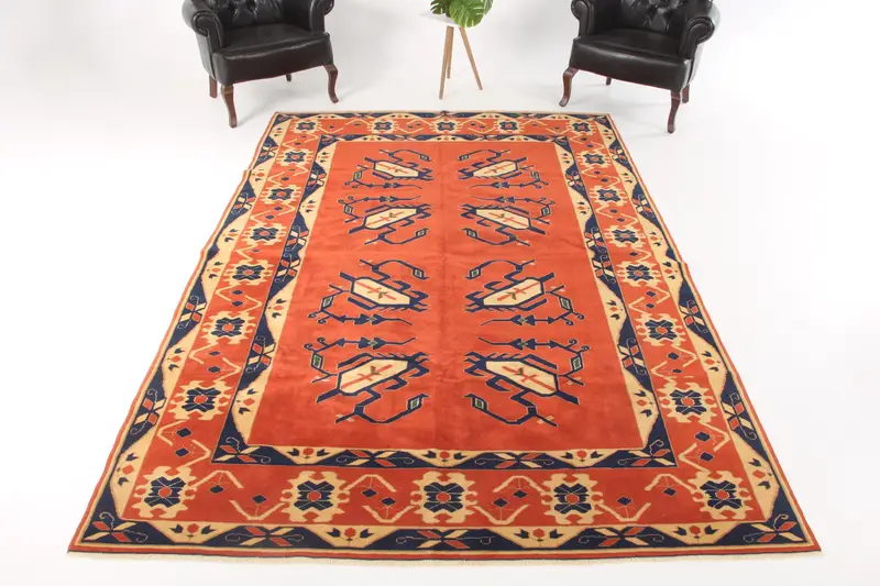 6.7x10 ft Turkish Large Rug, Orange Blue Vintage Southwestern Wool Rug - 1