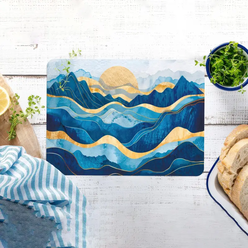 抽象的な波ガラスのまな板、青い海の太陽のデザイン