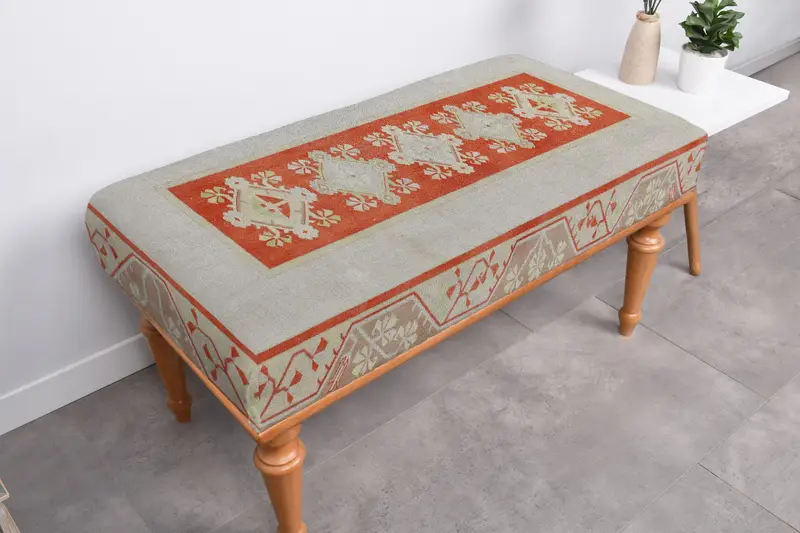 Modular Blue & Orange Ottoman, Kilim-Inspired Wool Blend Ottoman