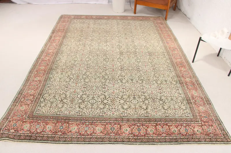 El Yapımı Yeşil Halı, Turuncu Desenli 5,2x9,2 ft