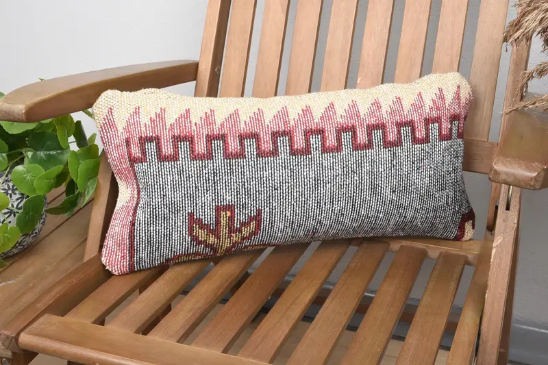 Handmade Embroidered Pink Pillow, 20x10 Geometric Throw Pillow