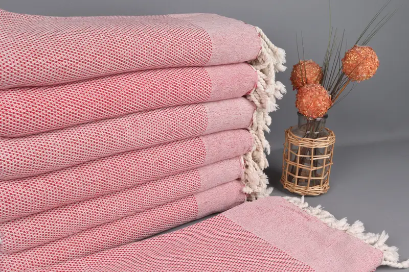 Turkish Towel Beach Geometric Organic Cotton, Red Beige, 40x71 Inches