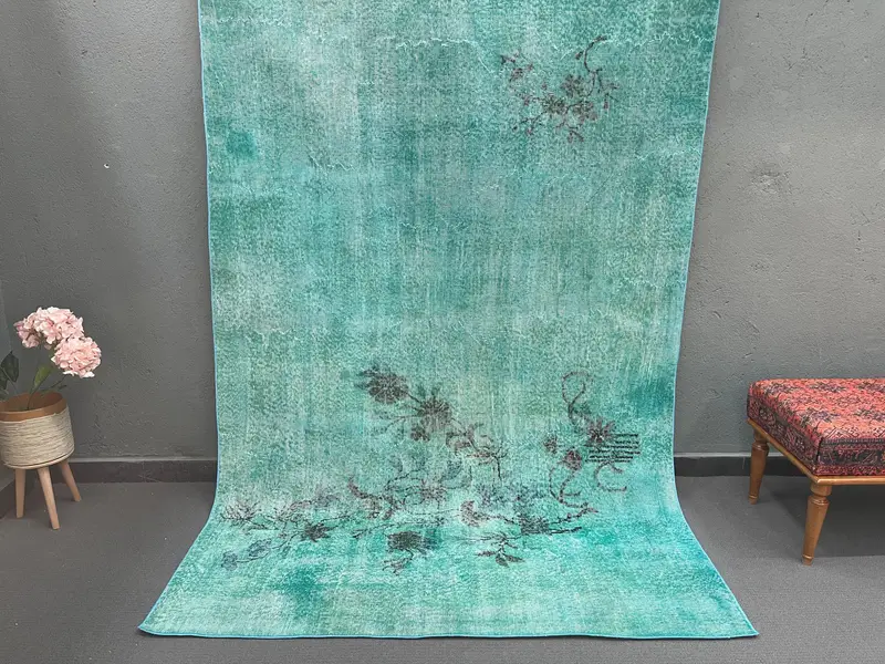 Turkish Vintage Rug, 5.3x8.3 ft Oushak Rug, Green Abstract Wool Rug - 1