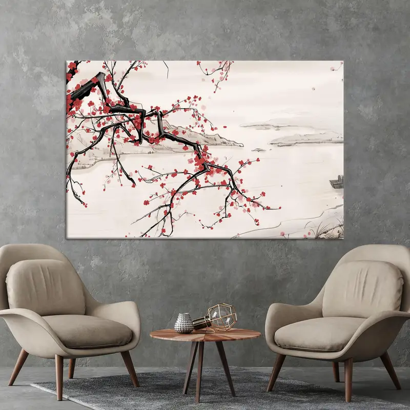 Elegante japanische Landschaftsleinwand: Minimaler Blumenbaumdruck