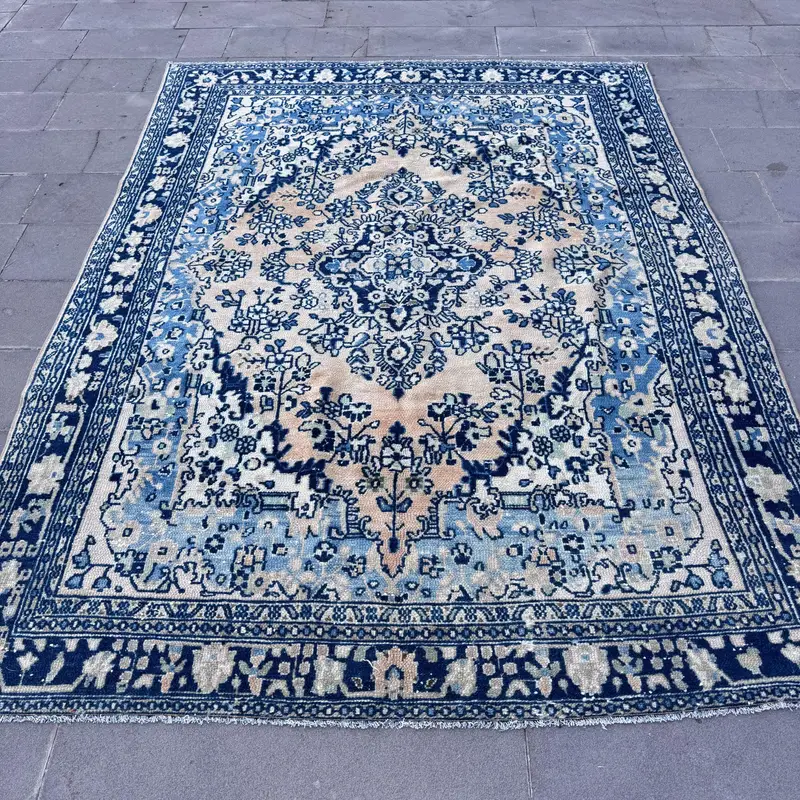 Vintage Rug, Large 7x9.2 ft Turkish Rug, Blue White Animal Print Wool Rug - 1