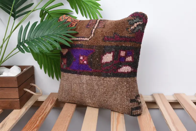 Kilim Pillow Cover, Handwoven Pillow Cover Cushion Case, Turkish Kilim Pillow, Kilim Cushion Sham, Pillow Case, 14x14 Brown Pillow Cover - 5