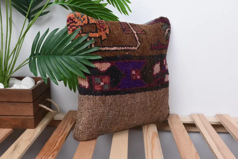 Kilim Pillow Cover, Handwoven Pillow Cover Cushion Case, Turkish Kilim Pillow, Kilim Cushion Sham, Pillow Case, 14x14 Brown Pillow Cover - 4