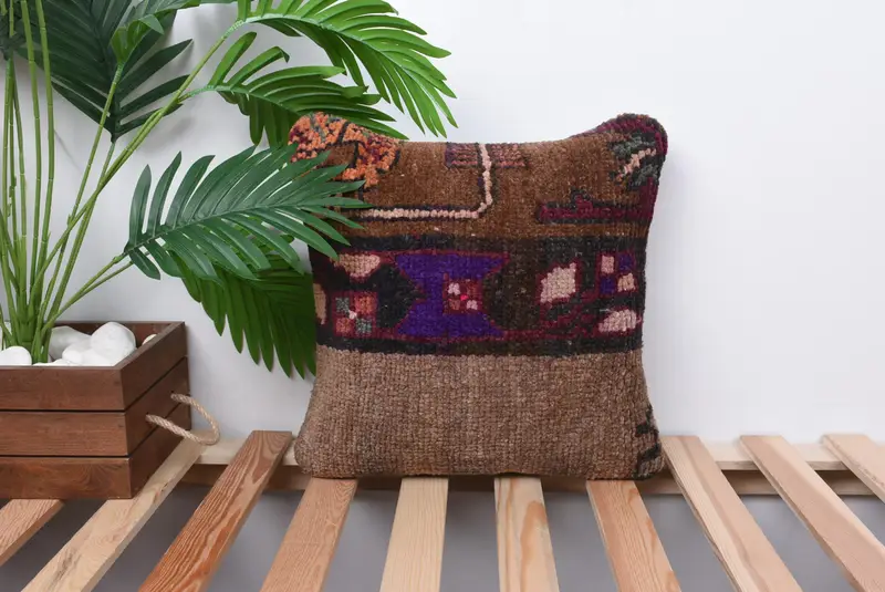 Kilim Pillow Cover, Handwoven Pillow Cover Cushion Case, Turkish Kilim Pillow, Kilim Cushion Sham, Pillow Case, 14x14 Brown Pillow Cover - 1