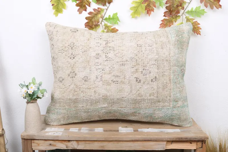 Beige & grünes Southwestern Wurfkissen, handgefertigtes rechteckiges Kissen