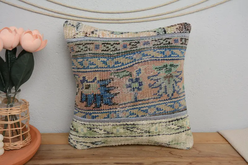 Turkish Pillow, Ethnical Kilim Rug Pillow, 14x14 Blue Cushion Case, Southwestern Cushion, Boho Pillow, Pillow Case, Armchair Pillow - 2