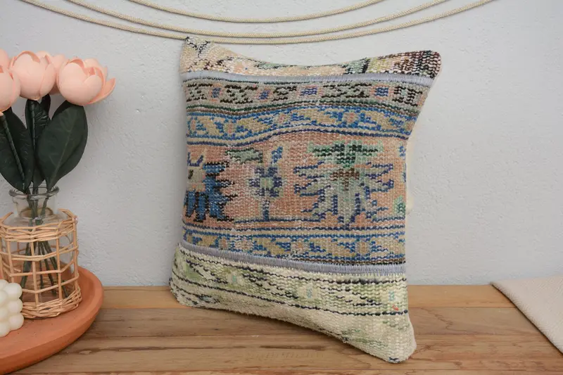 Turkish Pillow, Ethnical Kilim Rug Pillow, 14x14 Blue Cushion Case, Southwestern Cushion, Boho Pillow, Pillow Case, Armchair Pillow - 4