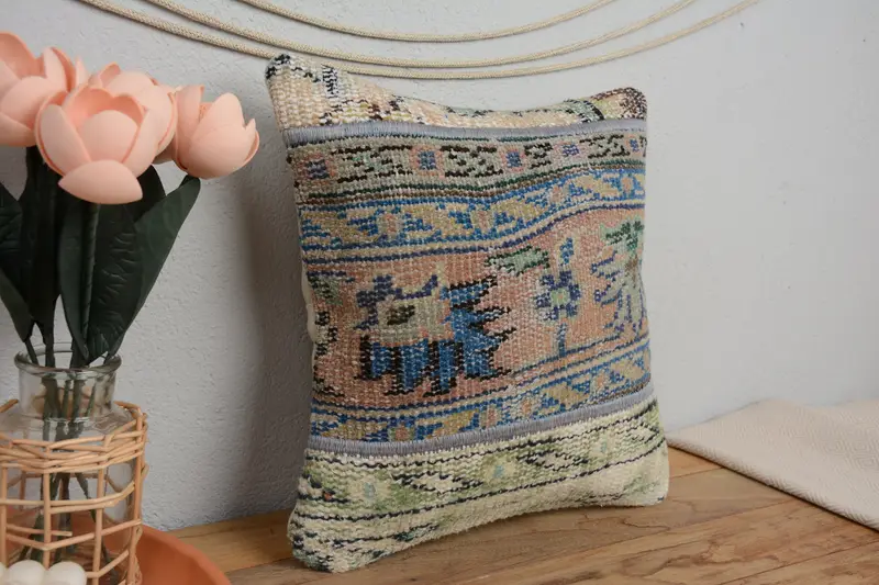 Turkish Pillow, Ethnical Kilim Rug Pillow, 14x14 Blue Cushion Case, Southwestern Cushion, Boho Pillow, Pillow Case, Armchair Pillow - 1