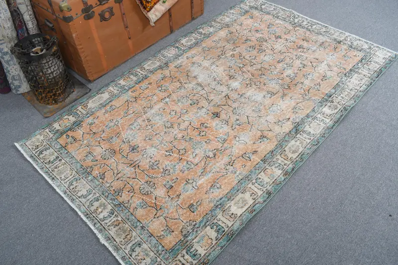 Alfombra turca vintage de acento 3,7x6,3 pies, alfombra de lana marrón Oushak - 1