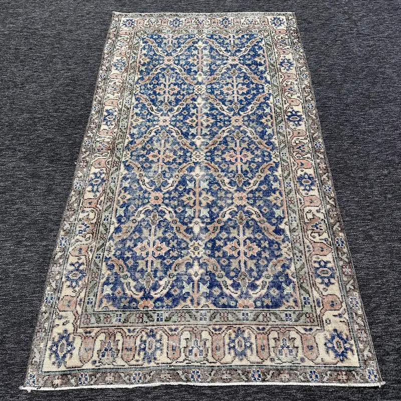 Alfombra persa azul, 0,3 x 6,7 pies con detalles en naranja