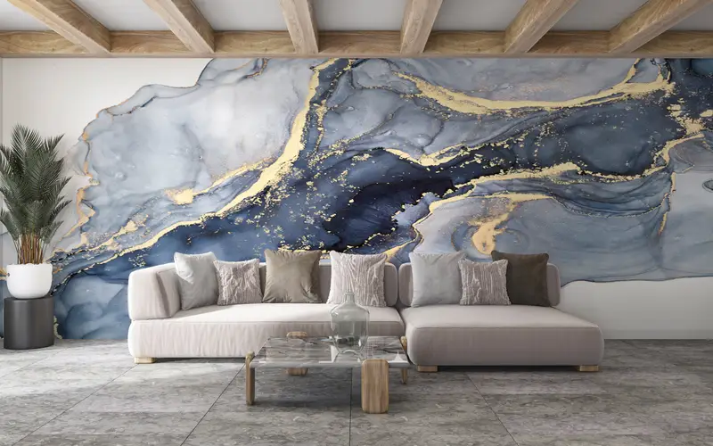3D -Hintergrundpapier, gelbe Marmorwand Wandbild, maßgefertigte Hintergrundpapier, modernes Tapepapier, Blau und Creme Marmor Tapete, - 1