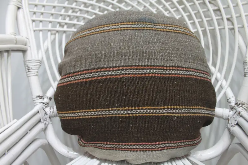 Handmade Embroidered Pink Throw Pillow, Vintage Striped Circle Pillow