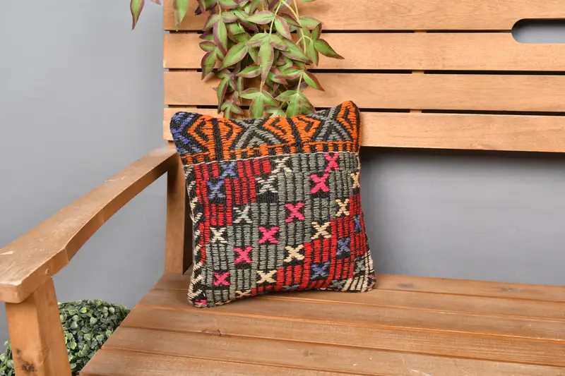 Ethnical Kilim Rug Pillow, Accent Throw Pillow, Pillow Sham, 12x12 Red Cushion Cover, Wholesale Pillow Cover, Pillow for Sofa, Kilim Pillow Cover - 1
