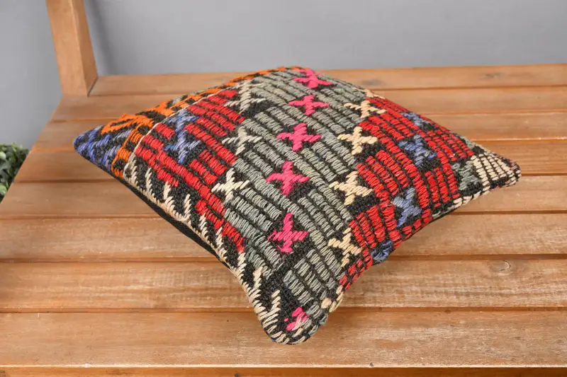 Ethnical Kilim Rug Pillow, Accent Throw Pillow, Pillow Sham, 12x12 Red Cushion Cover, Wholesale Pillow Cover, Pillow for Sofa, Kilim Pillow Cover - 2