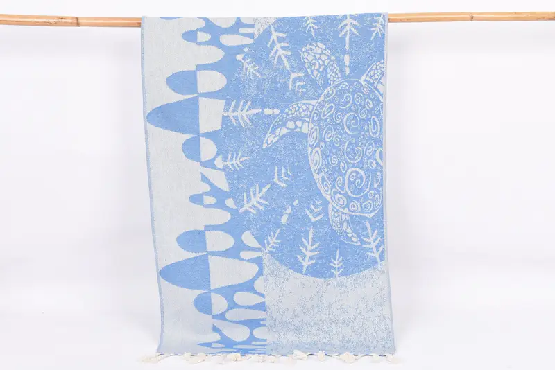 Petrol Blue Turtle Design Hand Towel Organic Cotton, 36x18 Inches