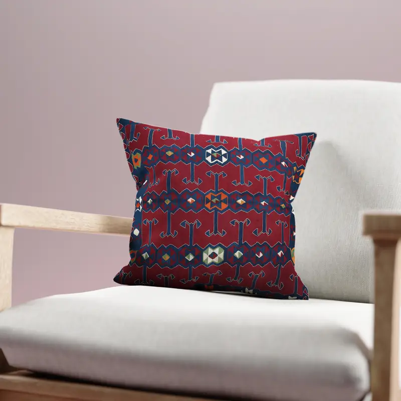 Handgefertigtes besticktes Kissen, Vintage-Kissen in Blau und Rot