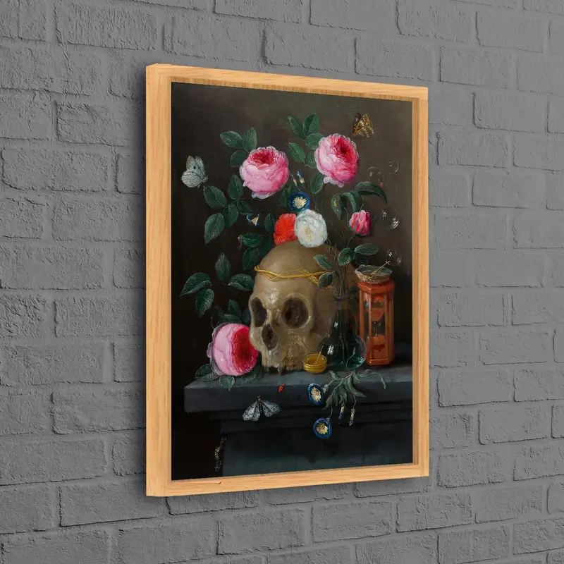 Kafatası ve Çiçek Baskılı Kanvas: Soyut İskelet Sanatı
